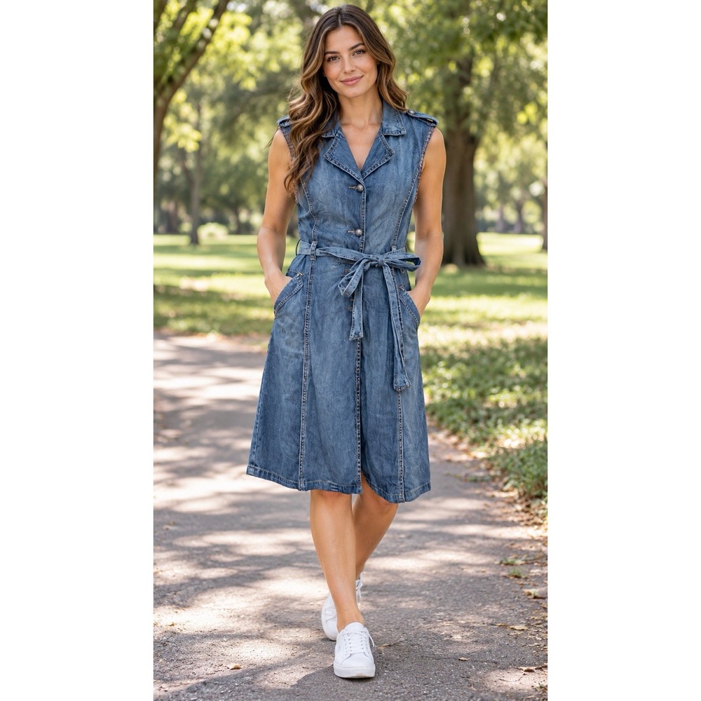 NONOSIZE Sam Wong Denim Trench Dress M 10 NWT Sleeveless Belted Utility Midi